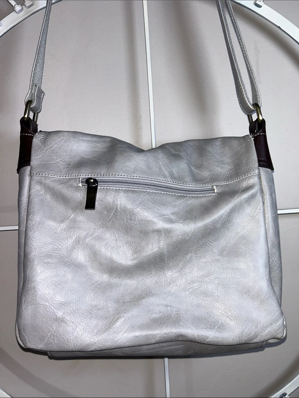 Gray Vegan Leather Crossbody Messenger Bag with Dark Brown Straps
